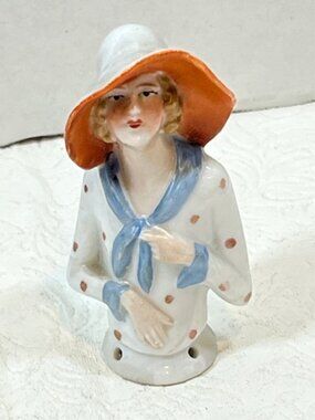 VTG German Porcelain Art Deco Flapper Girl/Half Doll/Pin Cushion Doll 1.5"x3"